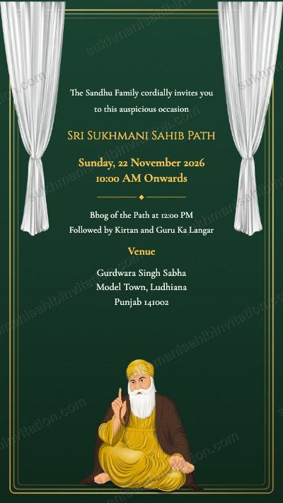 Forest Curtain Guru Ji langar invitation card showing white drapes on forest green with Guru Nanak Dev Ji