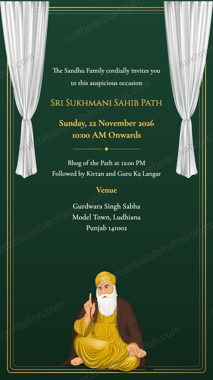 Forest Curtain Guru Ji langar invitation card showing white drapes on forest green with Guru Nanak Dev Ji