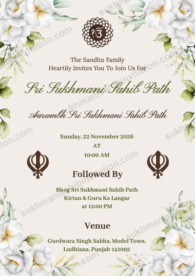 Ivory Khanda Florals langar invitation card with white flowers, green leaves and two Khandas on ivory