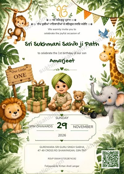 Jungle Baby langar invitation card showing a jungle safari with a baby boy, lion, giraffe and elephant, plus a venue QR code