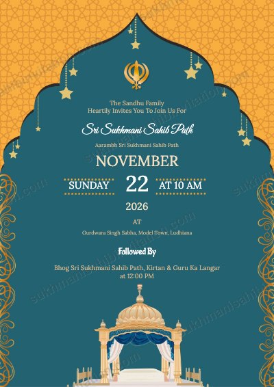 Mustard Teal Jharokha langar invitation card showing a teal arch with gold stars and a Khanda on mustard, with a palki below