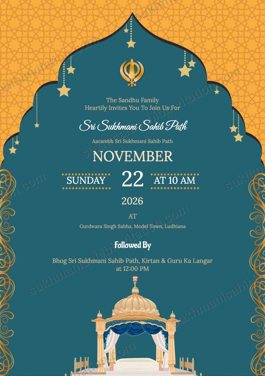 Mustard Teal Jharokha langar invitation card showing a teal arch with gold stars and a Khanda on mustard, with a palki below