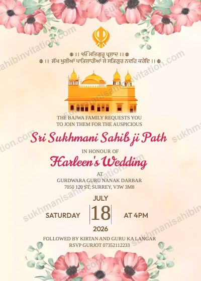 Pink Anemone langar invitation card with coral anemone flowers and the Golden Temple on blush