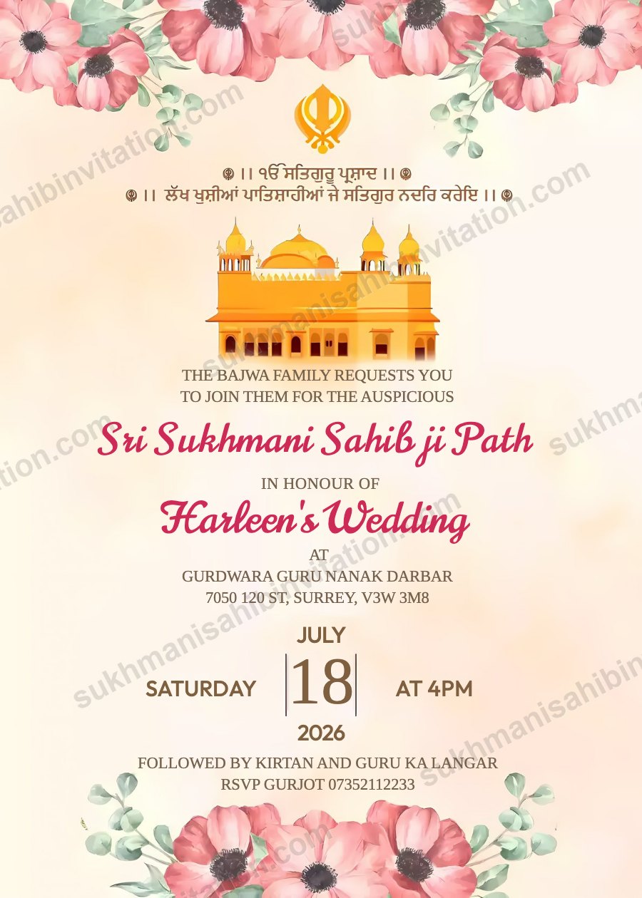 Pink Anemone langar invitation card with coral anemone flowers and the Golden Temple on blush