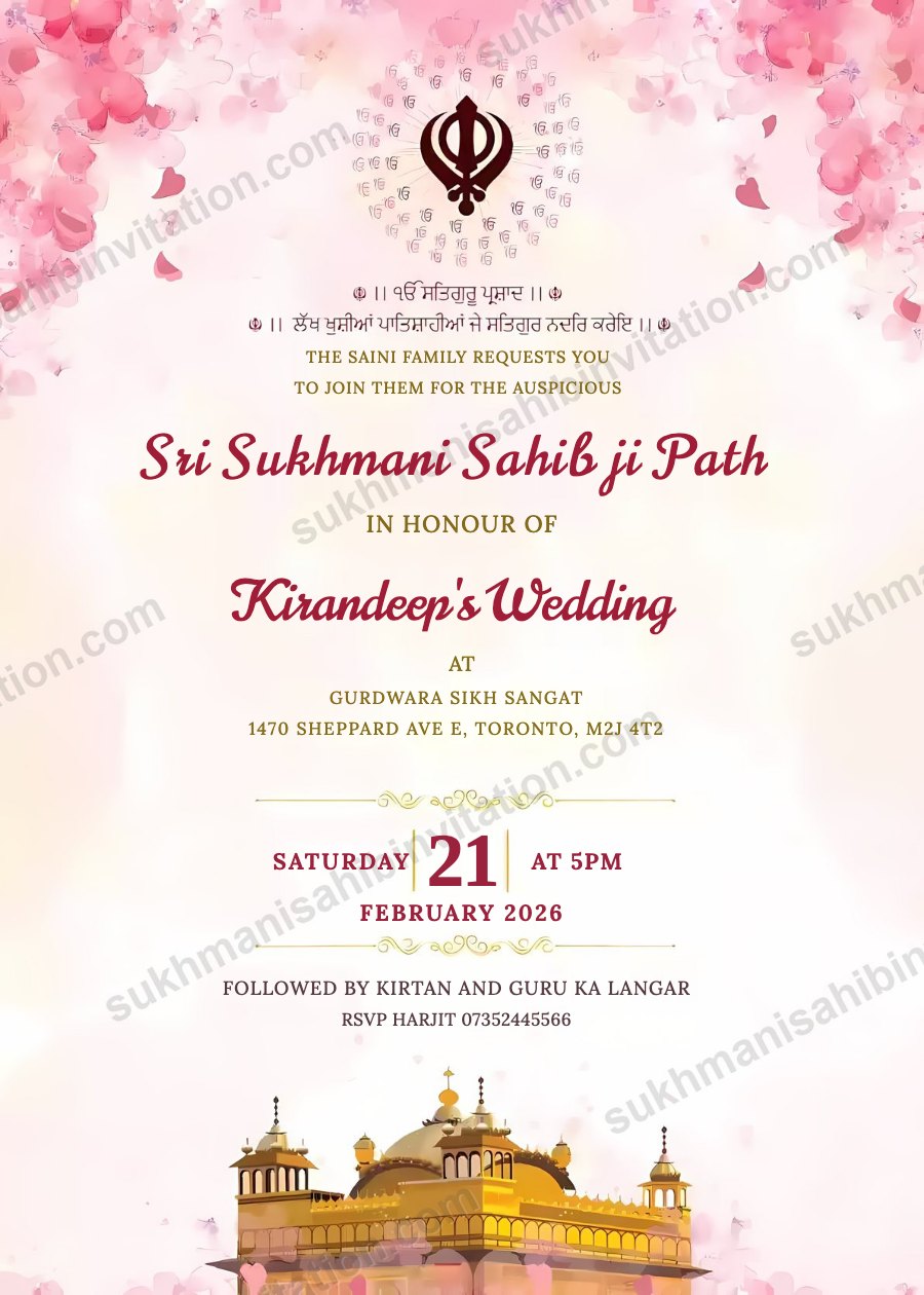 Pink Blossom Temple langar invitation card with pink cherry blossoms, a Khanda and the Golden Temple