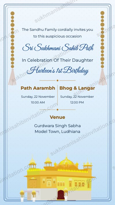 Sky Beads Harmandir langar invitation card with hanging bead strings and the Golden Temple on powder blue