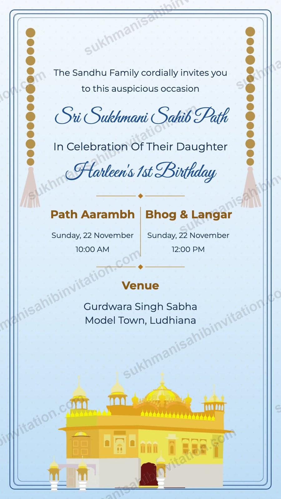 Sky Beads Harmandir langar invitation card with hanging bead strings and the Golden Temple on powder blue