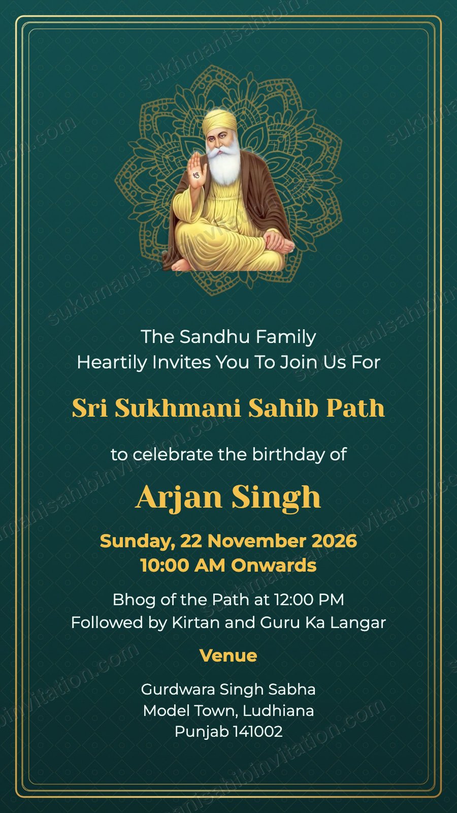 Teal Mandala Guru Ji langar invitation card with Guru Nanak Dev Ji in a gold mandala on dark teal