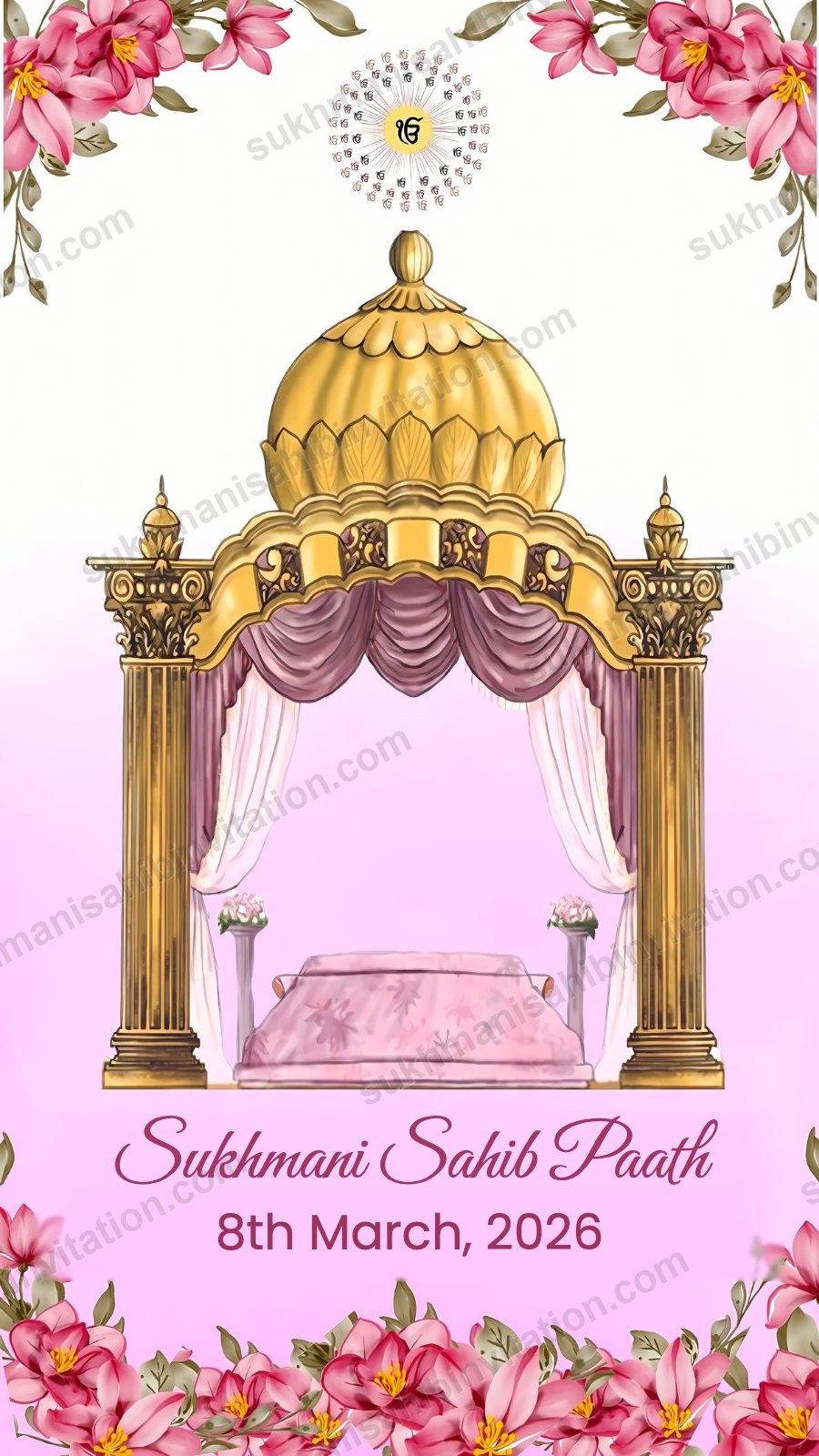 Two Page Classic langar invitation card showing a golden palki with pink drapes on a pink and white card, in two pages