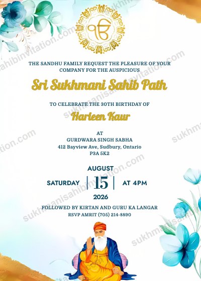 Aqua Gold Bloom invitation card for Sukhmani Sahib Path showing aqua watercolour flowers with a gold Ik Onkar medallion and Guru Nanak Dev Ji