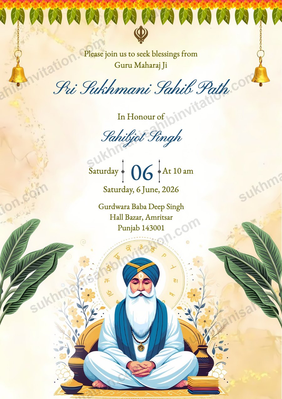 Birthday Blossom invitation card for Sukhmani Sahib Path showing Guru Nanak Dev Ji in meditation with leaves, bells and a marigold toran