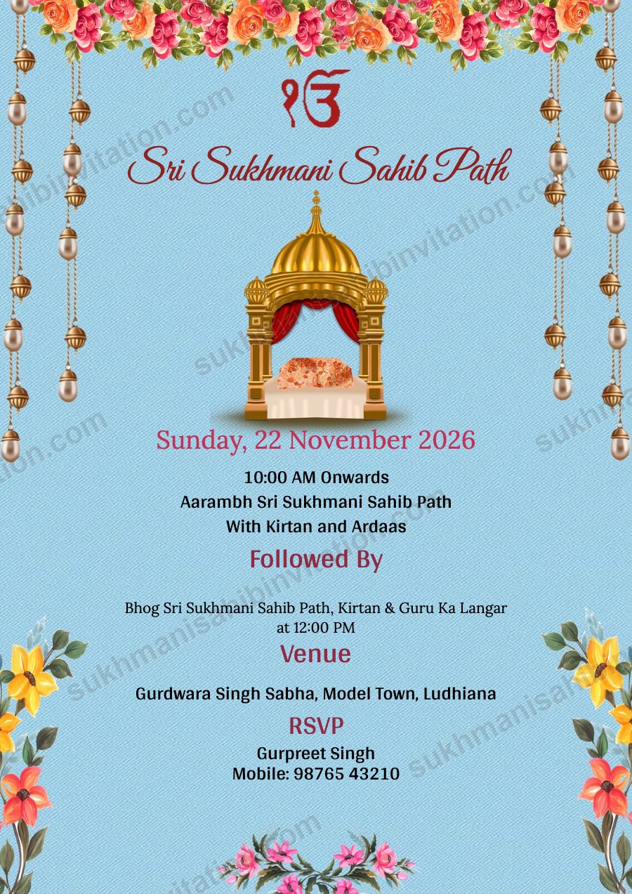 Blue Pearl Garlands invitation card for Sukhmani Sahib Path with pearl strings, flowers and a palki sahib on sky blue