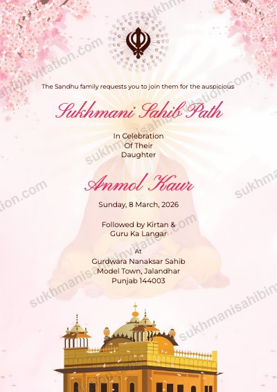 Blush Temple invitation card for Sukhmani Sahib Path with pink blossoms and a Khanda above the Golden Temple