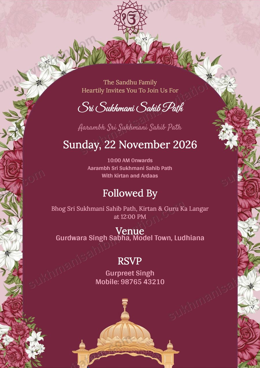Burgundy Rose Dome invitation card for Sukhmani Sahib Path showing a wine red arch framed by white lilies and red roses with a palki dome