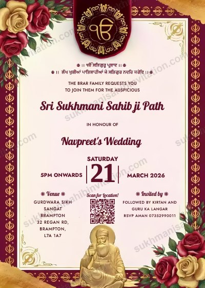 Maroon Roses QR invitation card for Sukhmani Sahib Path showing a maroon frame with red and yellow roses, a QR code and Guru Nanak Dev Ji