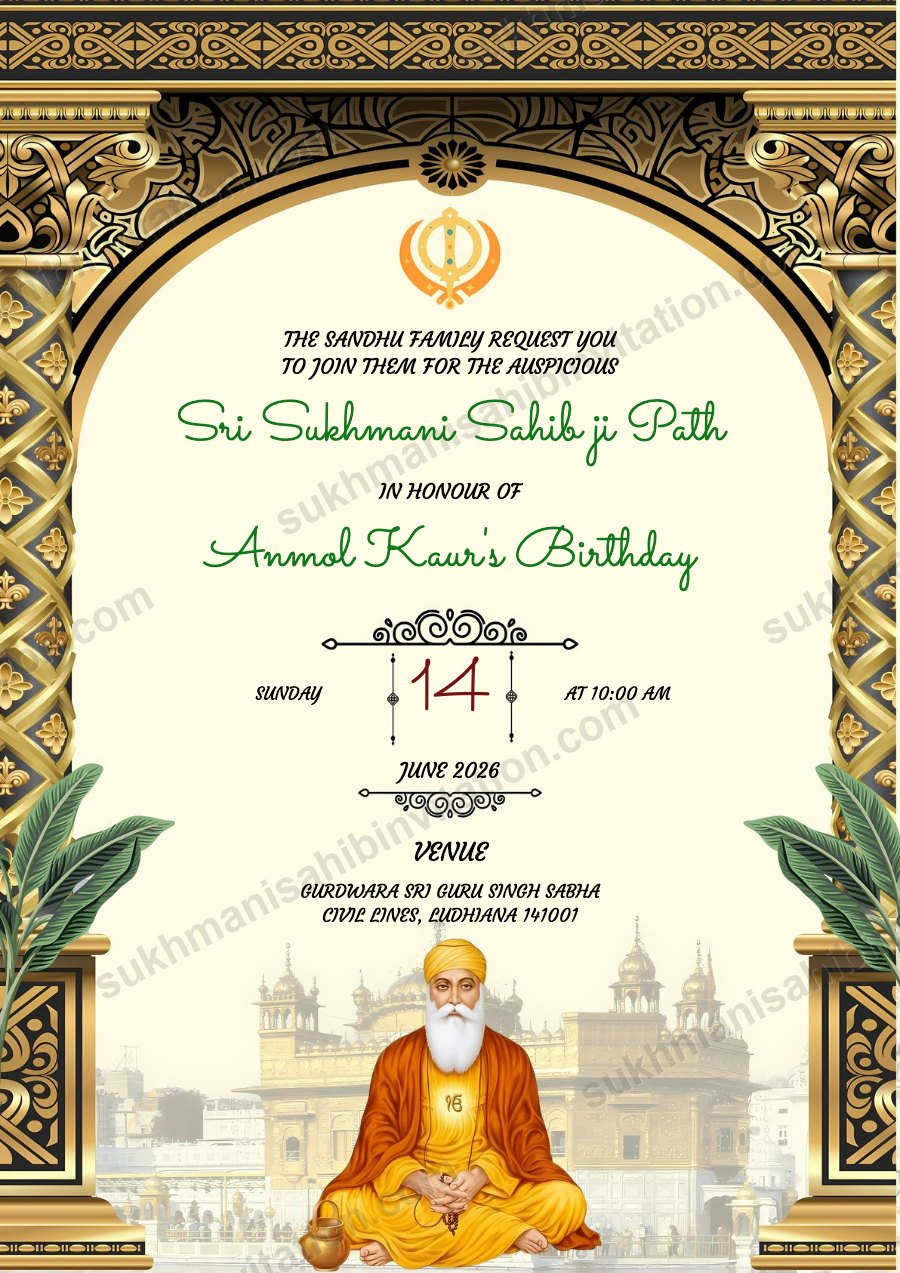 Midnight Gold Arch invitation card for Sukhmani Sahib Path with carved gold pillars framing Guru Nanak Dev Ji and the Golden Temple
