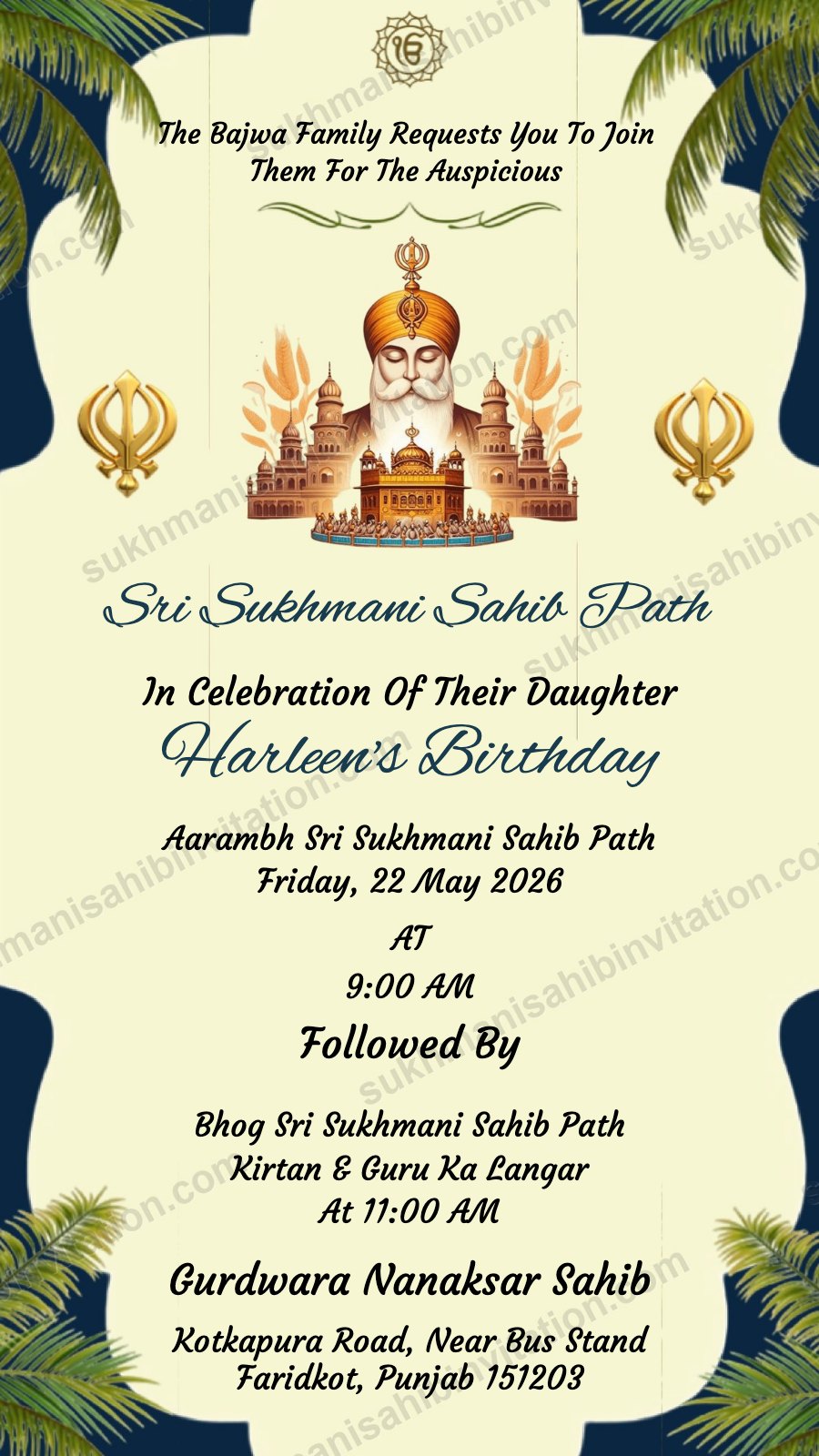 Palm Leaf Palki invitation card for Sukhmani Sahib Path with palm leaves, a golden palki sahib and two Khandas on cream