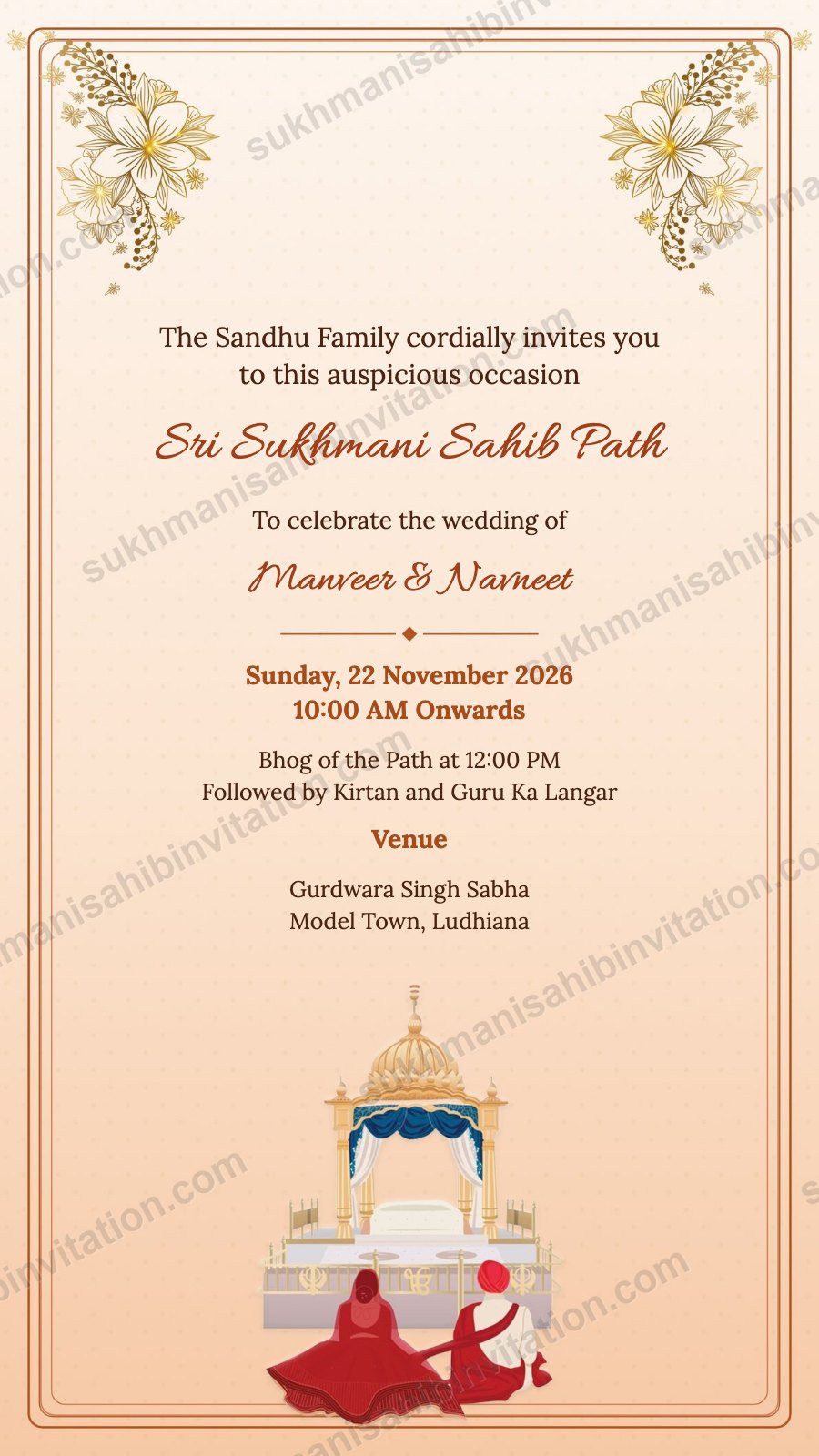 Peach Palki Couple invitation card for Sukhmani Sahib Path showing a couple seated before a palki sahib on peach with gold sprigs