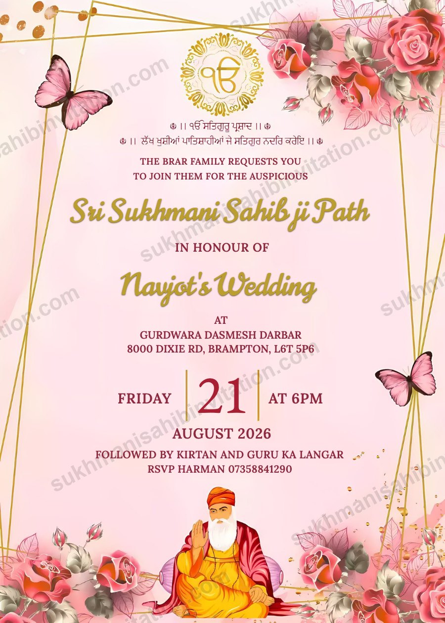 Pink Rose Gold invitation card for Sukhmani Sahib Path with pink flowers, butterflies and a gold frame with Guru Nanak Dev Ji