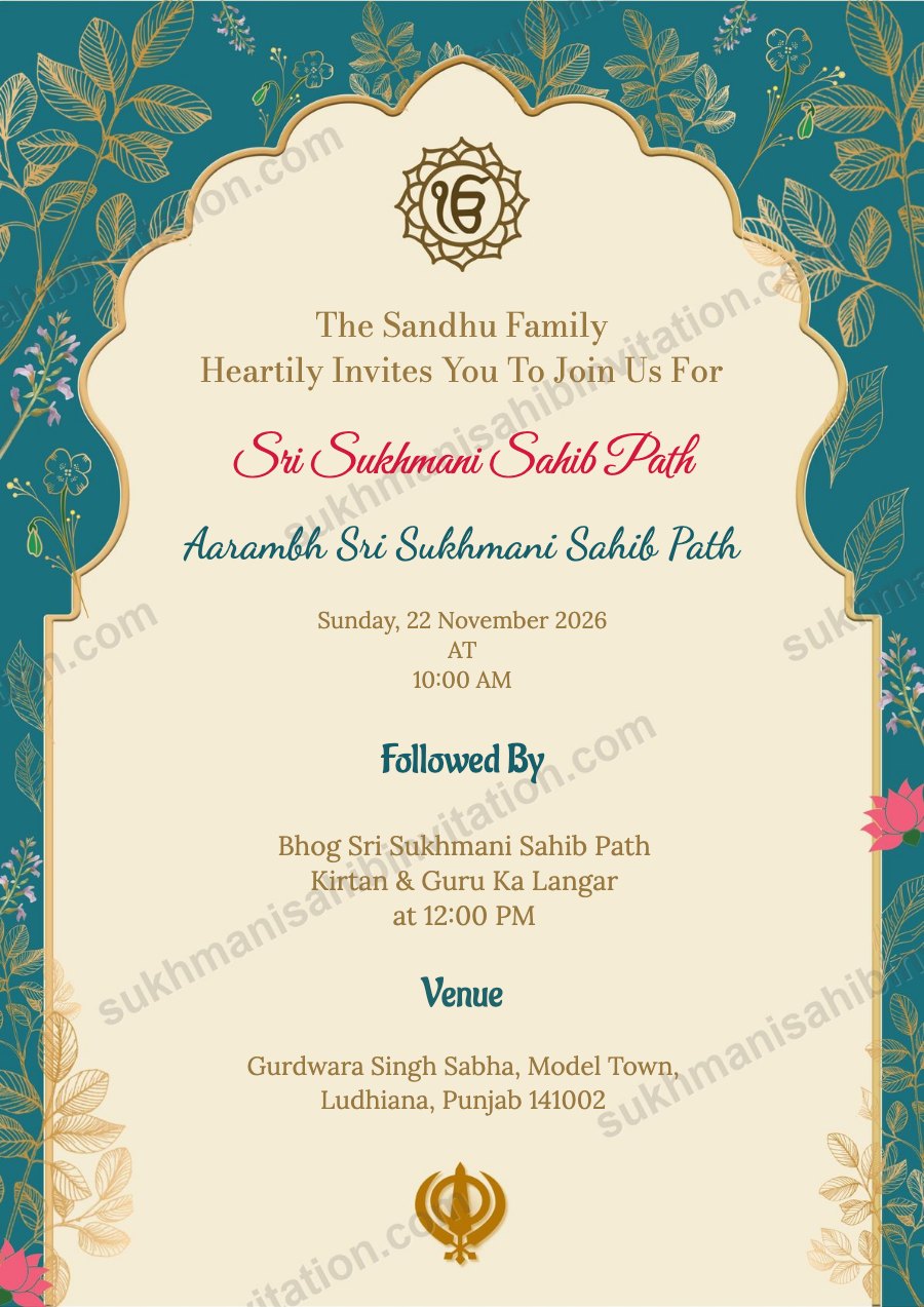 Teal Mughal Arch invitation card for Sukhmani Sahib Path showing a teal scalloped arch with a gold Khanda and Ik Onkar on a cream panel