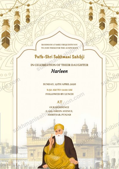 Brown Frame invite for a Sukhmani Sahib Path at home showing hanging gold leaves with Guru Nanak Dev Ji and the Golden Temple
