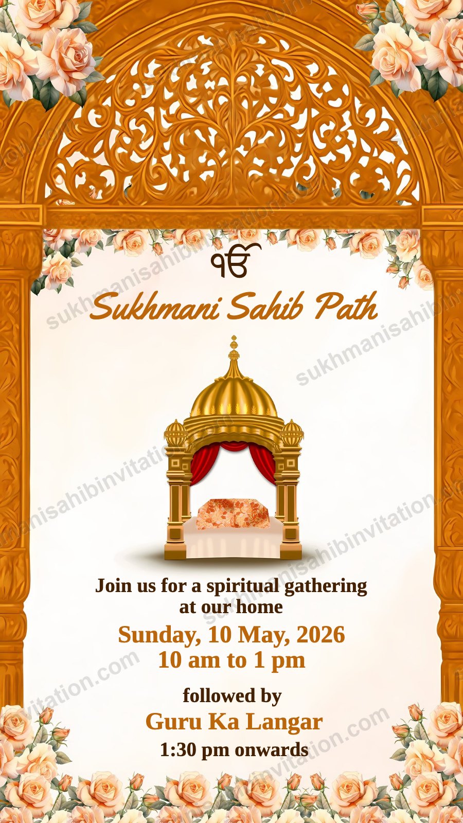 Rose Decor invite for a Sukhmani Sahib Path at home showing a carved orange arch with peach roses and a palki sahib
