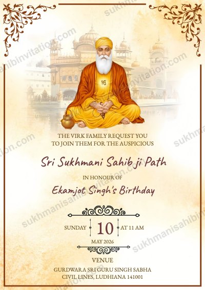Cream Gold Line path invitation card with a watercolour Guru Nanak Dev Ji before the Golden Temple in a gold line frame
