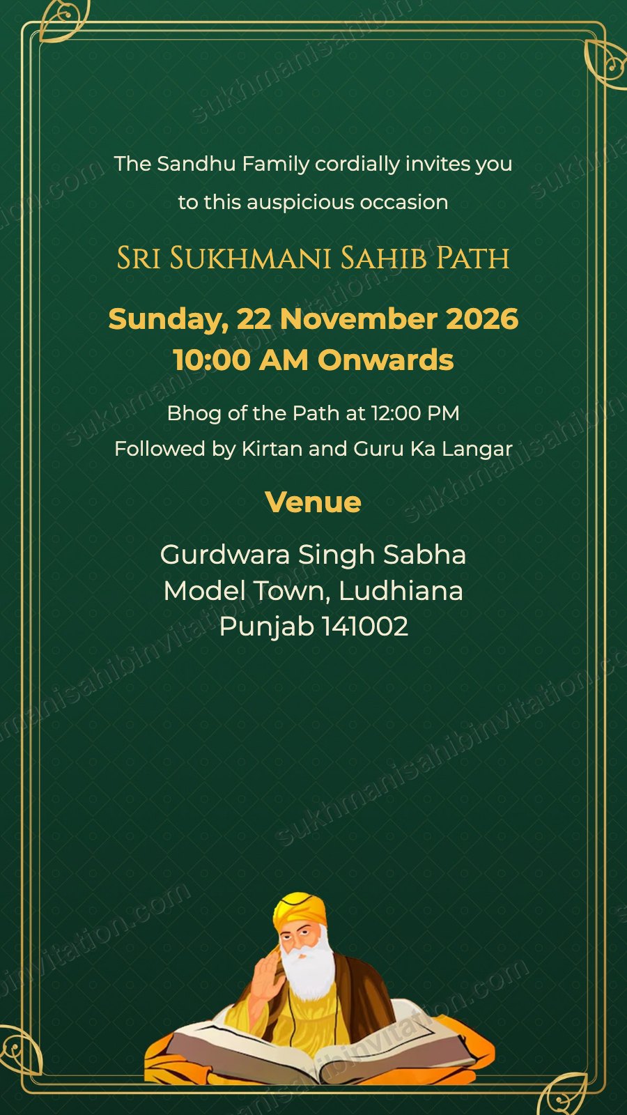 Emerald Gold Darbar Sukhmani Sahib Path invite with Guru Nanak Dev Ji reading on emerald green inside a gold border