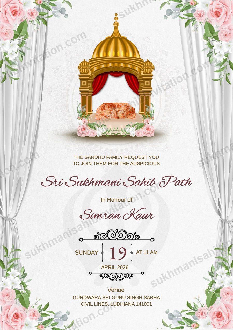 Ivory Drape Sukhmani Sahib Path invite with white drapes, pink roses and a golden palki sahib
