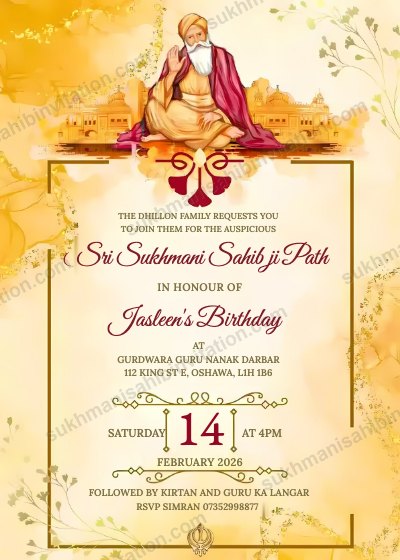 Luxury Gold Sukhmani Sahib Path invite showing a golden watercolour wash with Guru Nanak Dev Ji above a gold frame