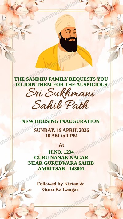 Floral Charm Sukhmani Sahib Path card for a new home showing a portrait of Guru Nanak Dev Ji with peach flowers