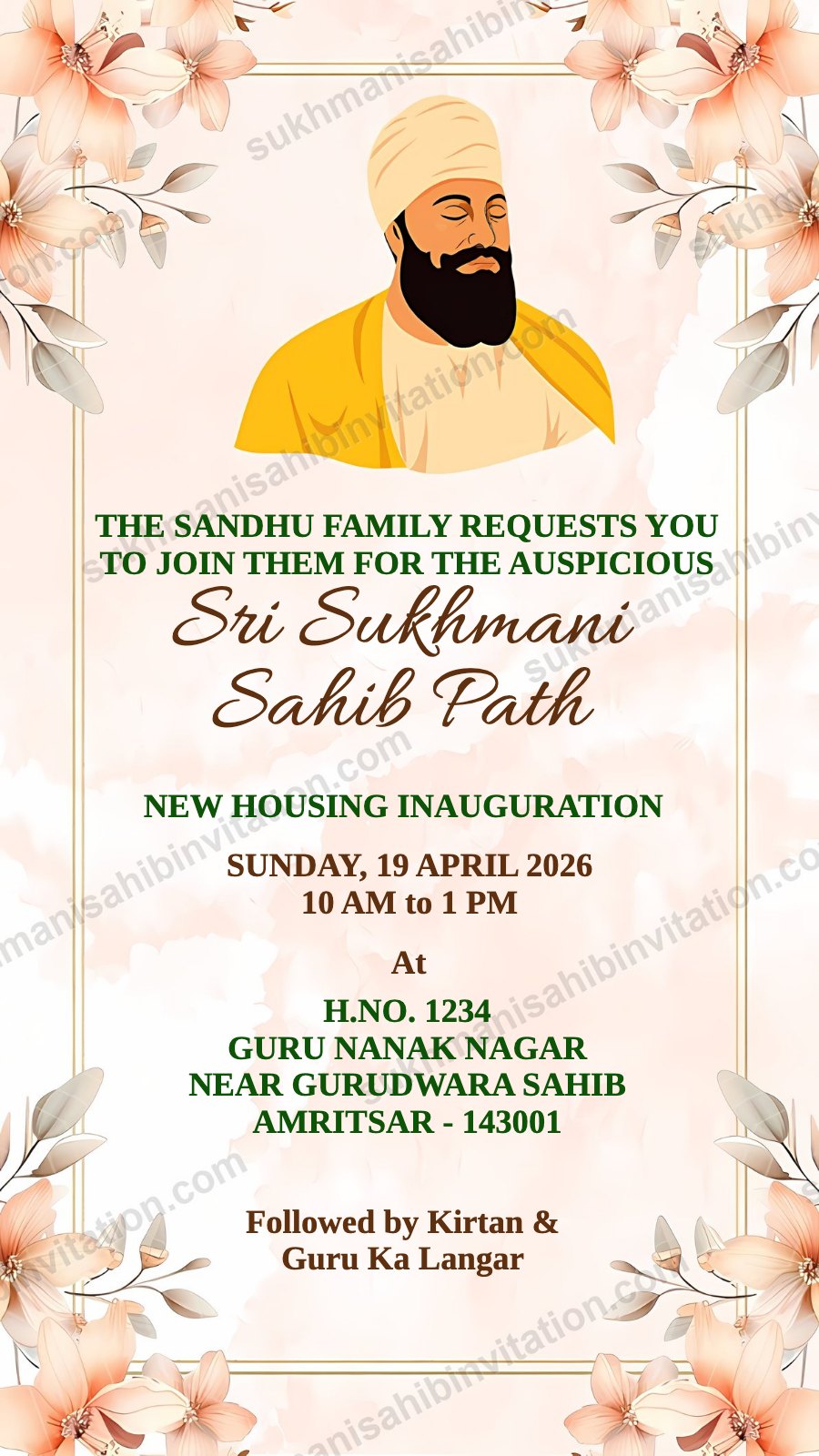 Floral Charm Sukhmani Sahib Path card for a new home showing a portrait of Guru Nanak Dev Ji with peach flowers