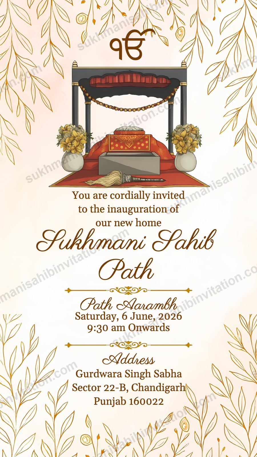 Gold Leaf Palki Sukhmani Sahib Path card for a new home showing gold leaf sprigs over a palki sahib with a dark canopy