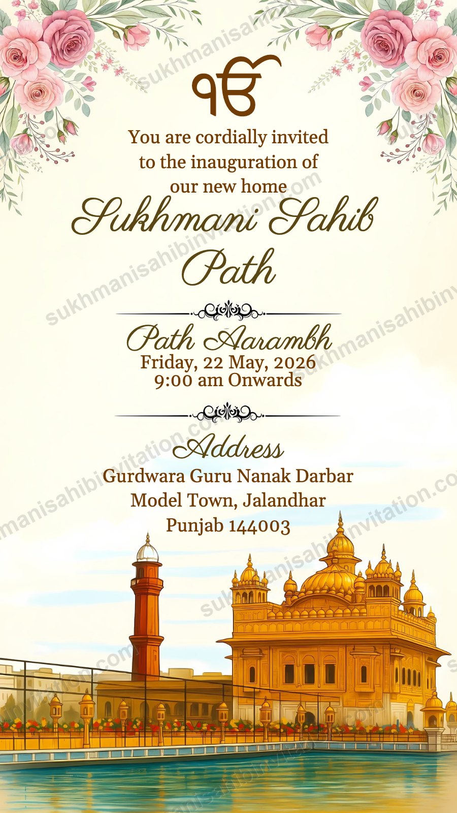 Golden Temple Lake Sukhmani Sahib Path card for a new home with pink roses above the Golden Temple and its sarovar