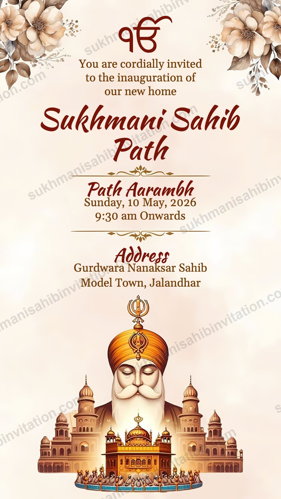 Nanak Blossom Gold Sukhmani Sahib Path card for a new home showing Guru Nanak Dev Ji above the Golden Temple with cream blossoms
