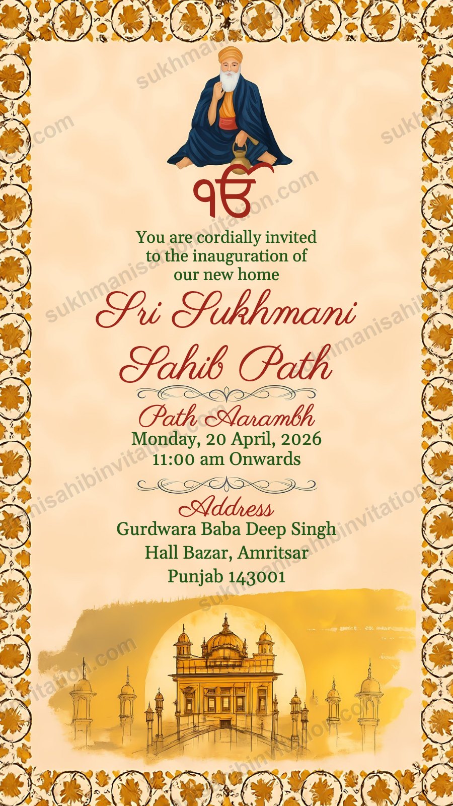 Nanak Gold Arch Sukhmani Sahib Path card for a new home showing Guru Nanak Dev Ji in a gold-bordered arch with a watercolour Golden Temple