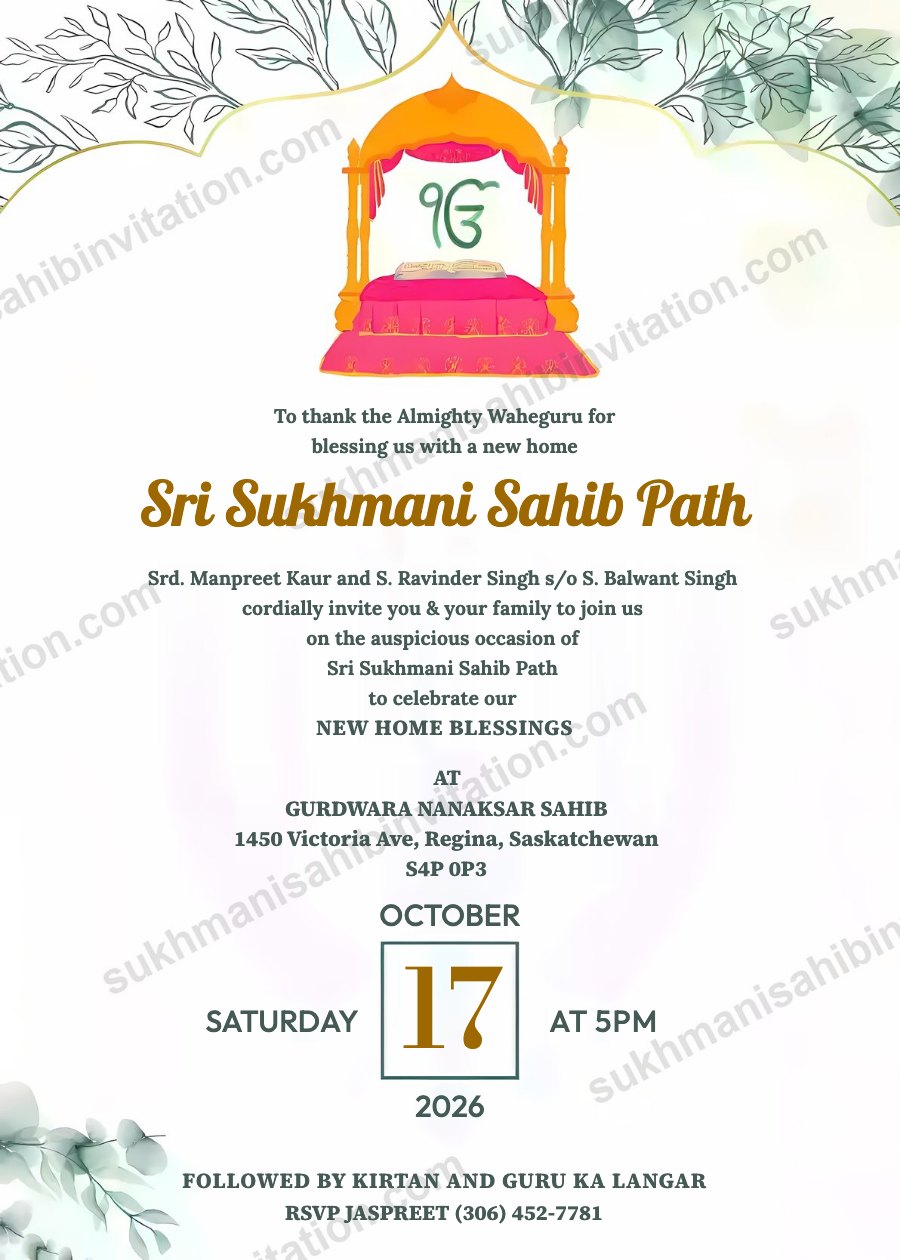 Orange Arch Palki Sukhmani Sahib Path card for a new home showing a pink palki sahib with green leaf sketches
