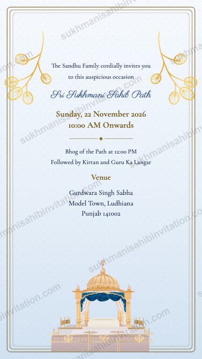 Powder Canopy Palki Sukhmani Sahib Path invite showing a powder blue card with gold sprigs and a palki sahib under a blue canopy
