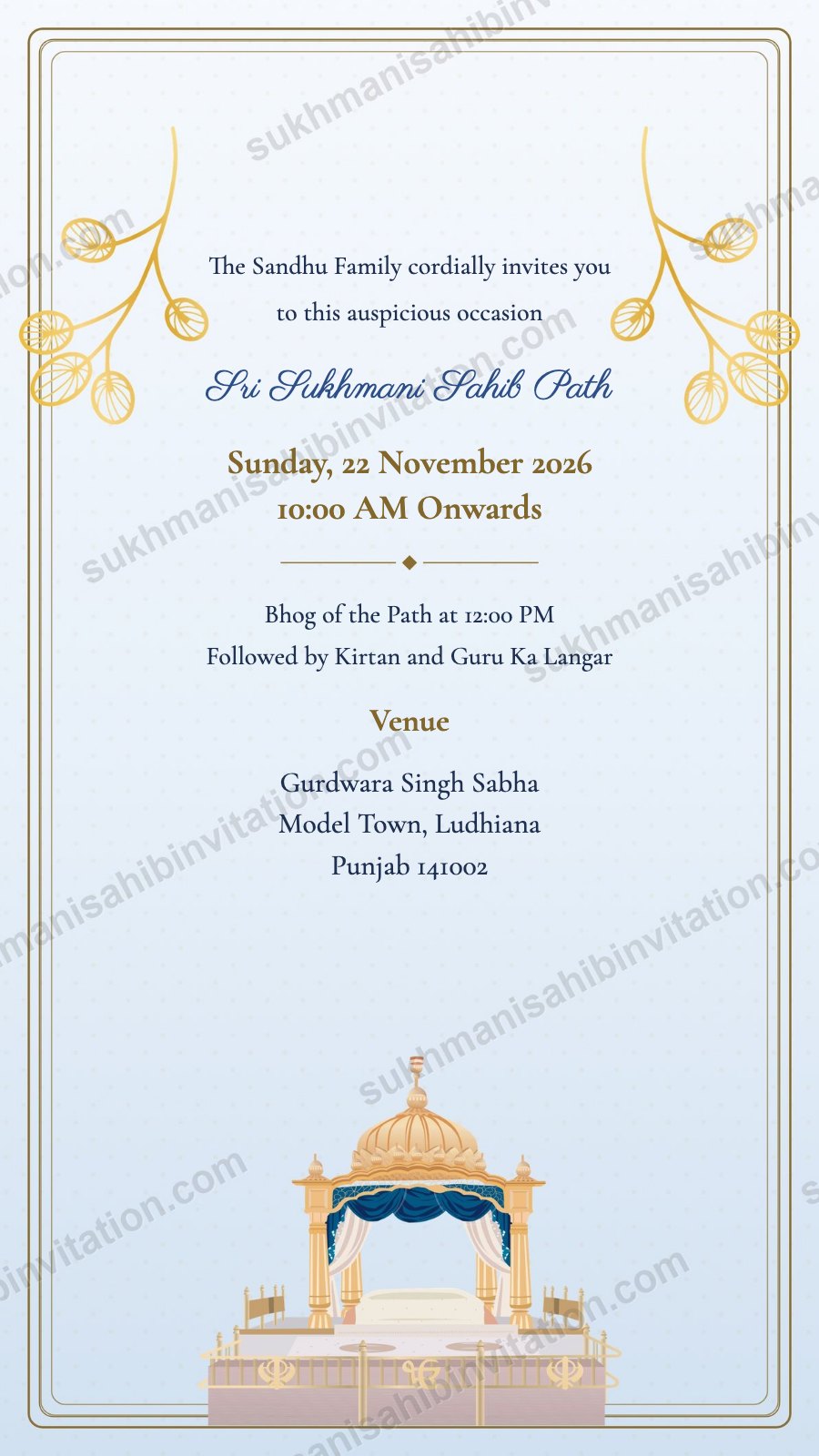 Powder Canopy Palki Sukhmani Sahib Path invite showing a powder blue card with gold sprigs and a palki sahib under a blue canopy