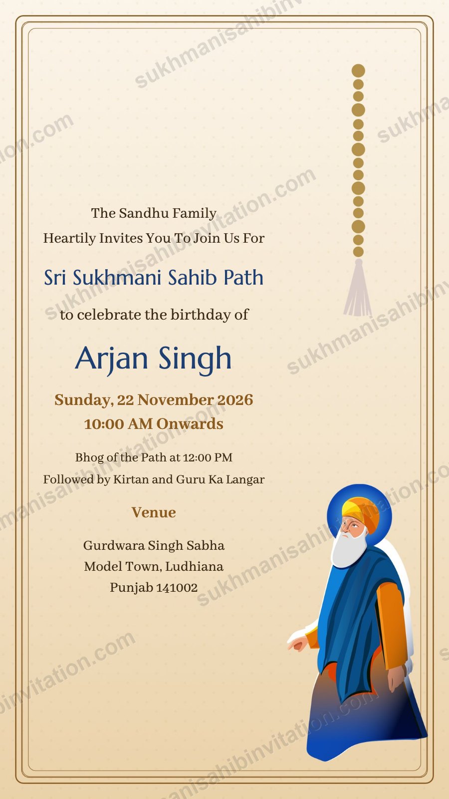 Sand Walking Guru Side Sukhmani Sahib Path invite with Guru Nanak Dev Ji walking, on a sand coloured card with a bead string