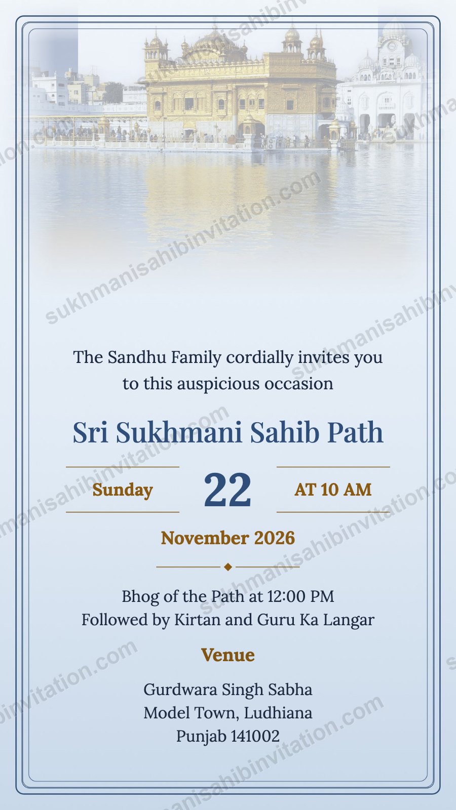 Sky Sarovar Panorama Sukhmani Sahib Path invite with the Golden Temple reflected in the sarovar under a blue sky