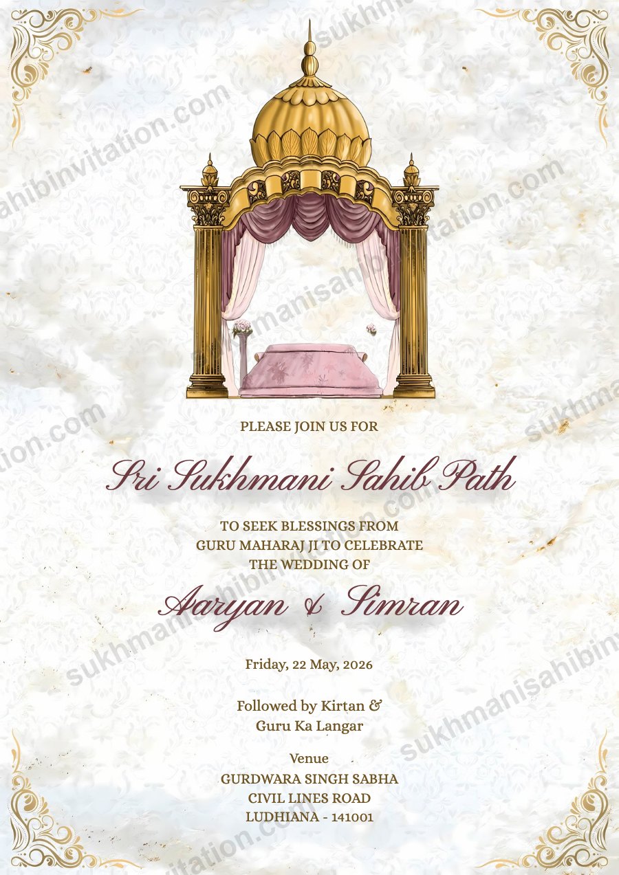 Wedding Bloom Sukhmani Sahib Path invite showing a golden palki sahib with pink curtains on white marble