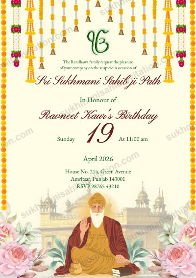 Marigold Fringe Roses Sukhmani Sahib Path card for WhatsApp with marigold tassels, pink roses and Guru Nanak Dev Ji before the Golden Temple
